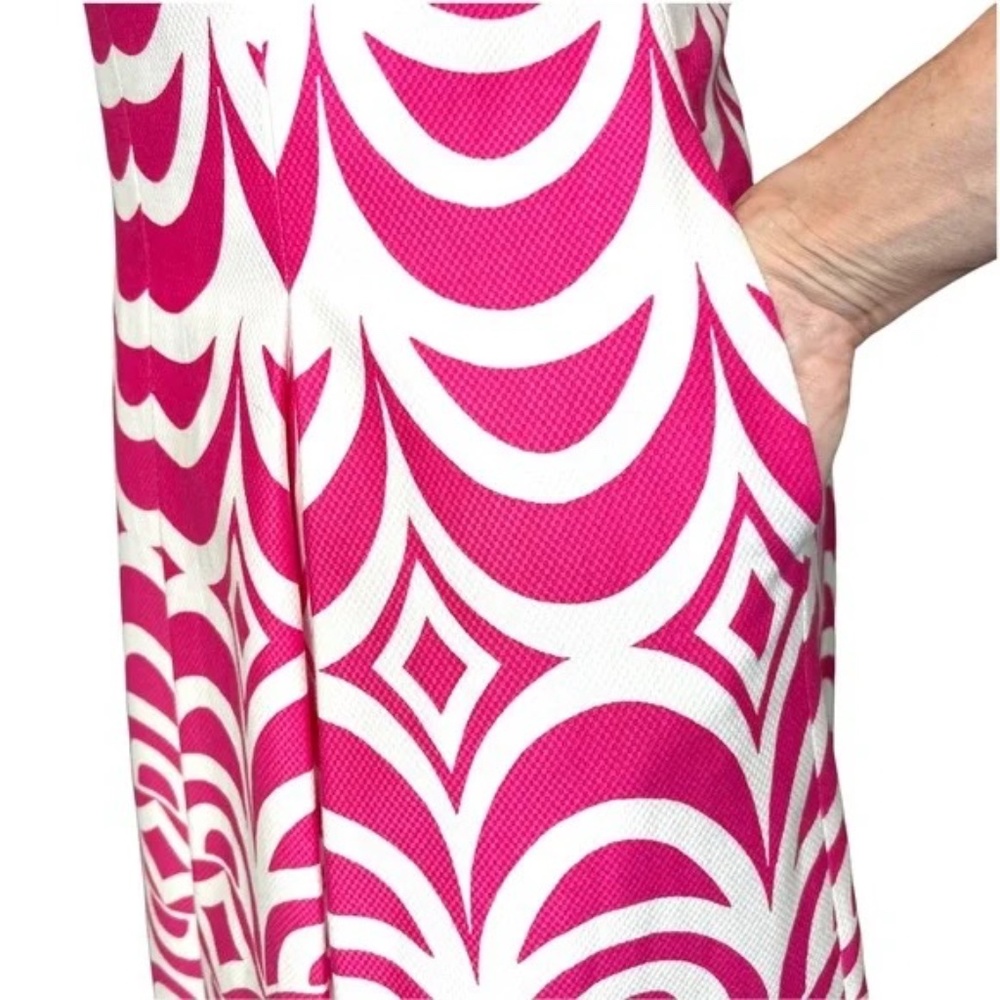 TALBOTS Geo Scallop Cap Sleeve Fit & Flare Pleated Dress Pink/White 6 - Picture 7 of 14